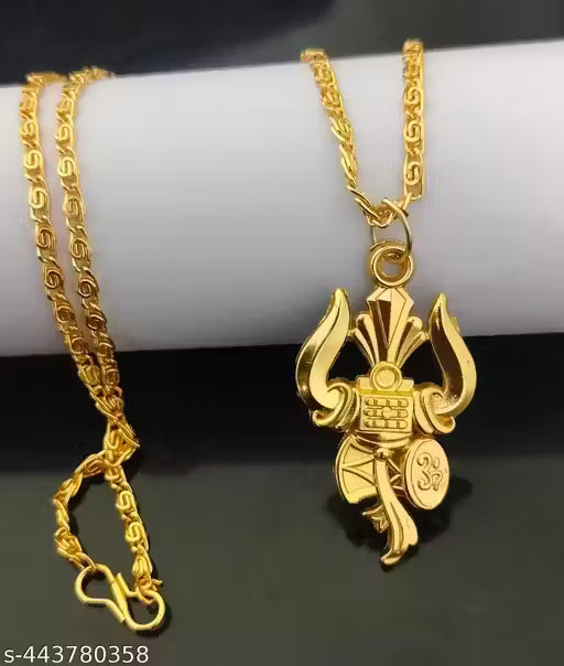 Trending stylish new religious gold plated lord Shiva Mahadev mahakal Shankar Om Damroo trishul locket with gold chain pandent Necklace for boys/men and girls/women