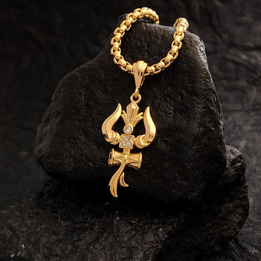 Trishul Damru Gold Plated Pendant | Lord Shiva Mahadev Symbol | Spiritual Rudraksha-Inspired Locket for Men & Women"