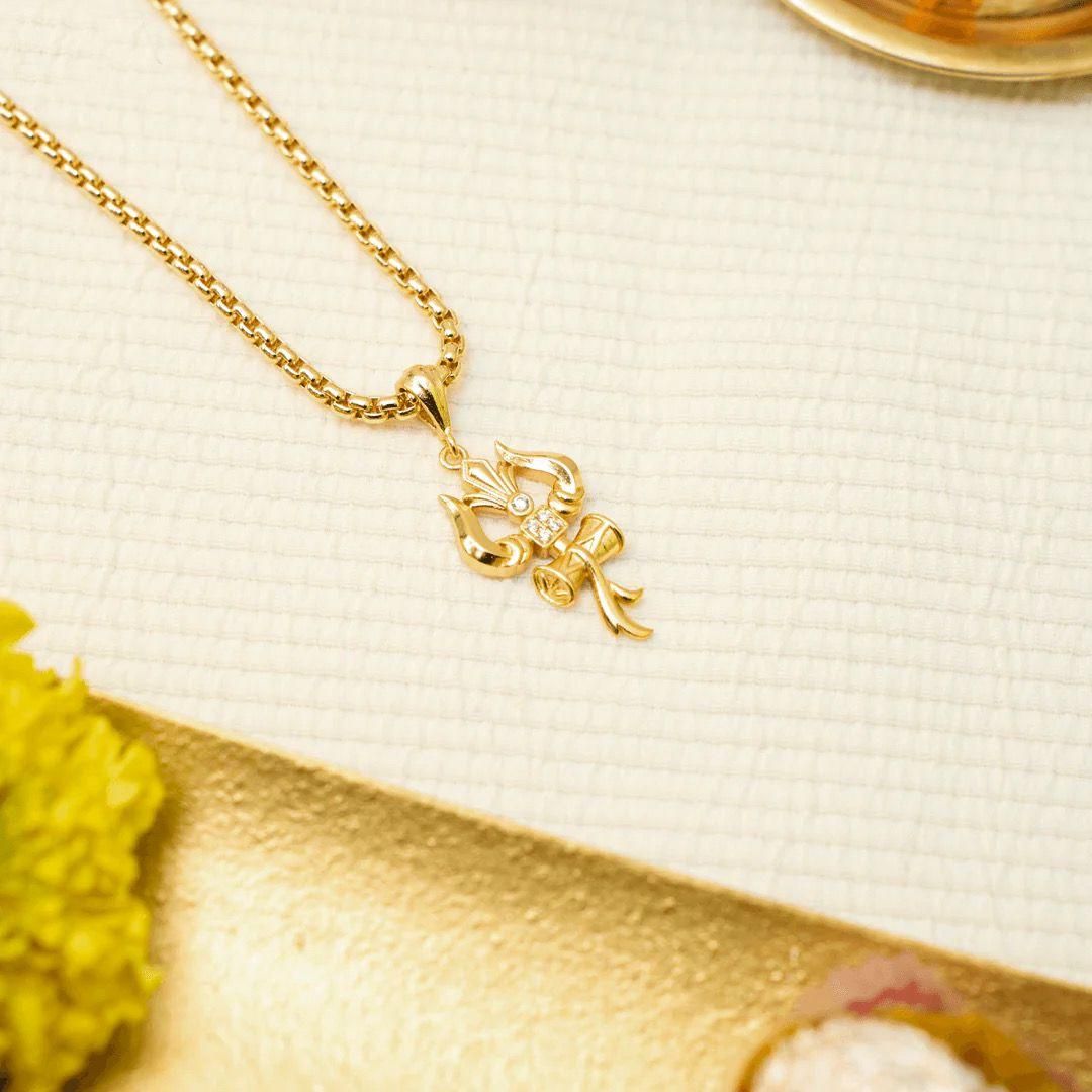 Trishul Damru Gold Plated Pendant | Lord Shiva Mahadev Symbol | Spiritual Rudraksha-Inspired Locket for Men & Women"